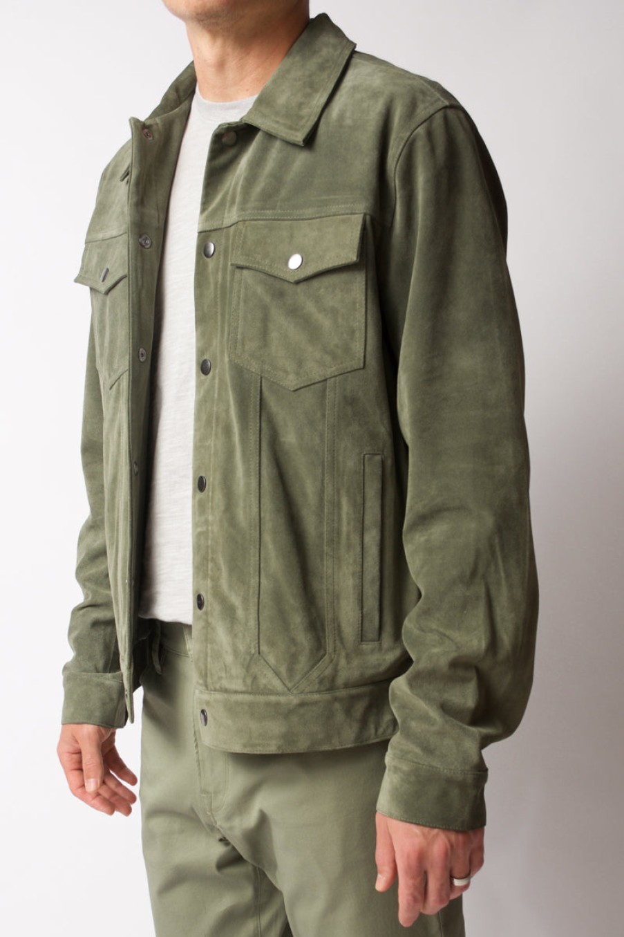 FRAME Modern Suede Trucker Jacket In Deep Army | Frame - T. Boutique | Tops