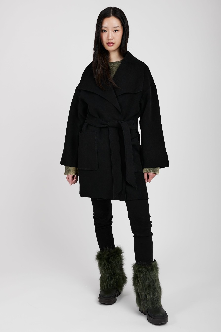 TANDEM Belted Wrap Wool Coat In Black | Jackets & Coats