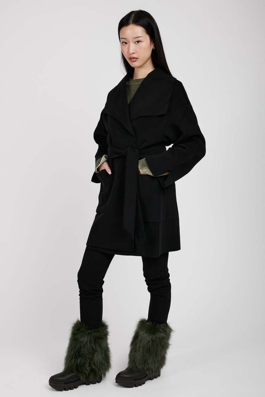 TANDEM Belted Wrap Wool Coat In Black | Jackets & Coats