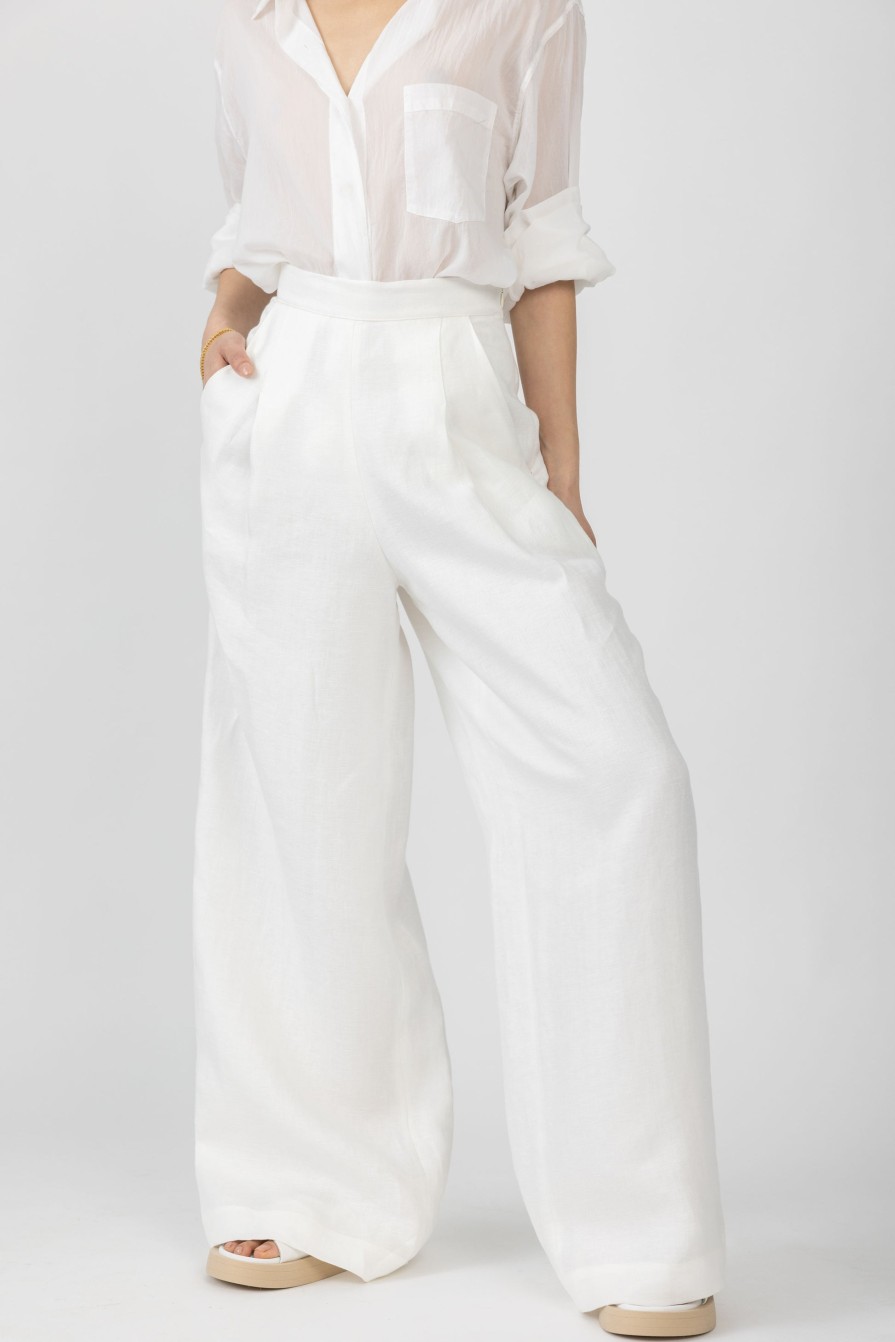 GENTRYPORTOFINO Woven Linen Pant In Latte | Bottoms