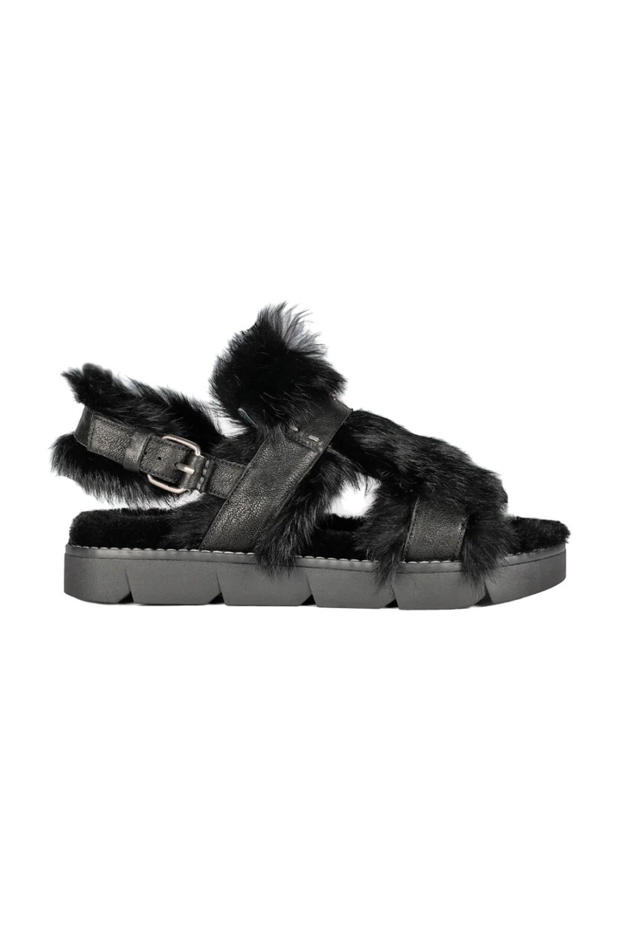 HENRY BEGUELIN Leather Vegetal Wash Sandal With Fur In Nero | Flats