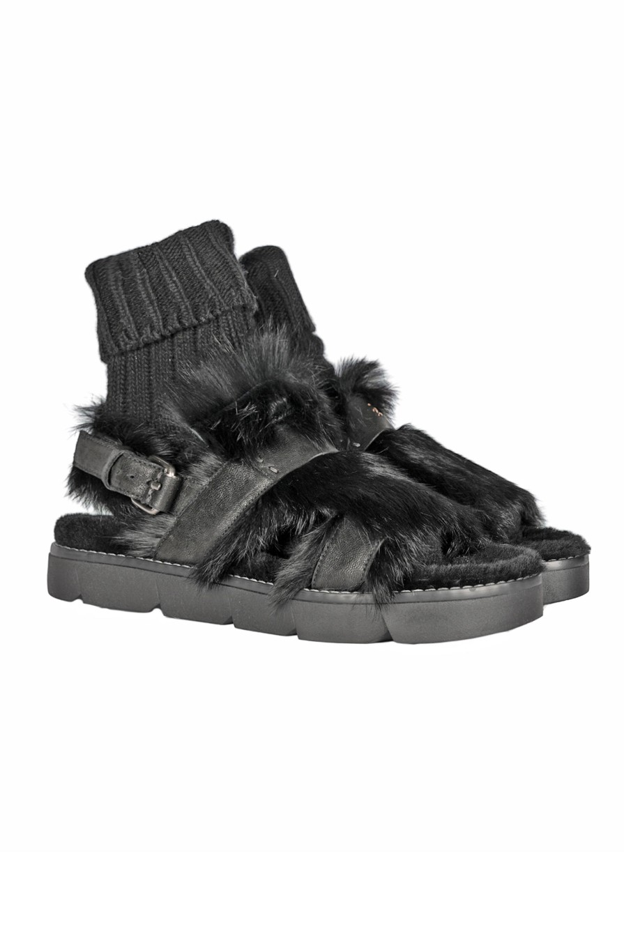 HENRY BEGUELIN Leather Vegetal Wash Sandal With Fur In Nero | Flats