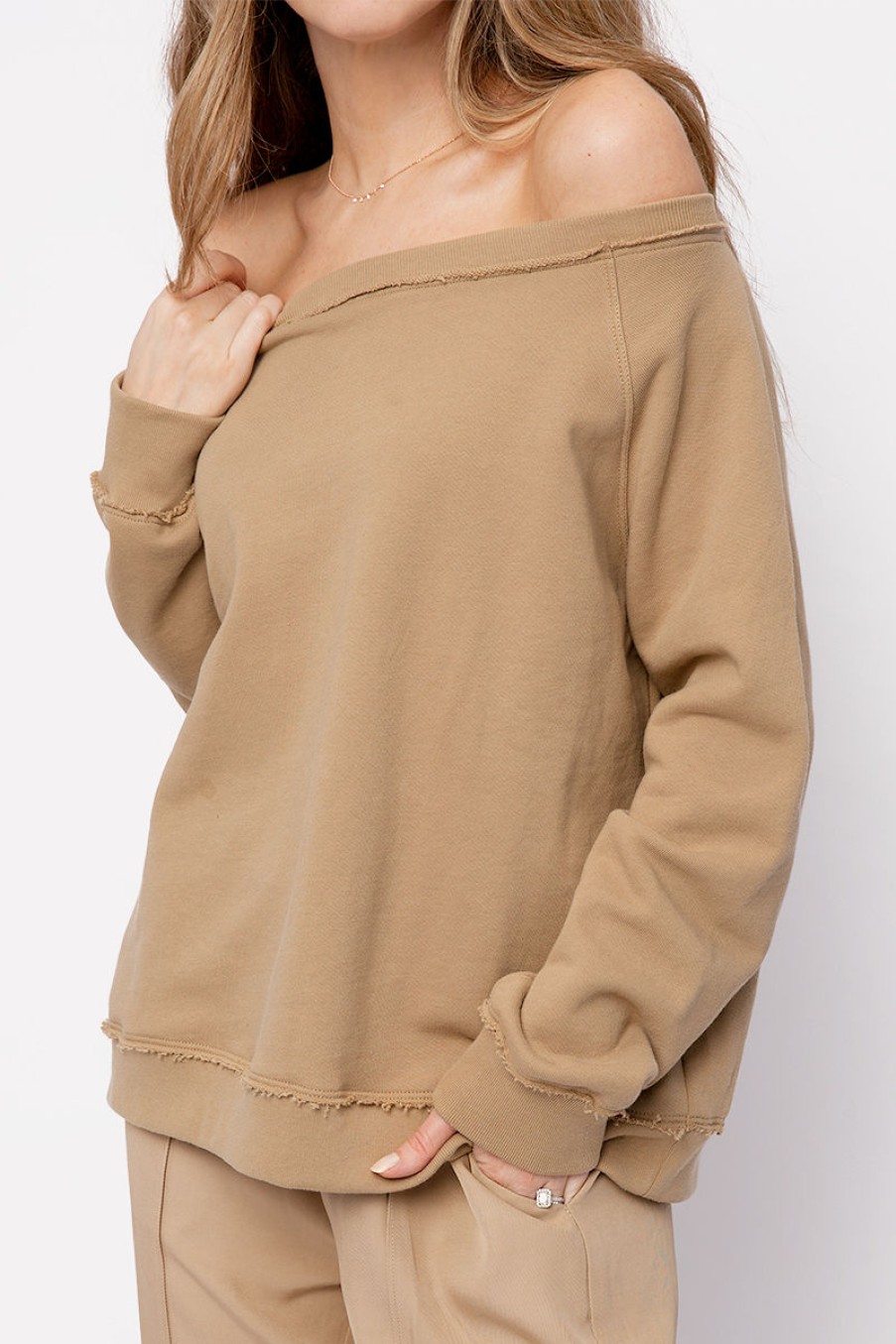 ATM Off The Shoulder Sweatshirt In Dune | Atm - T. Boutique | Loungewear