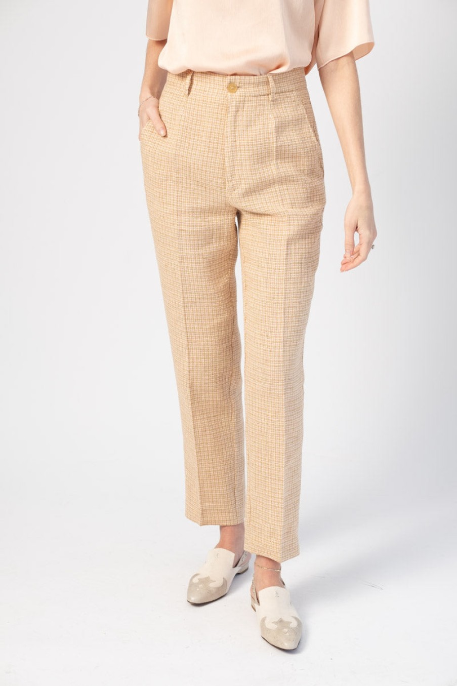 FORTE FORTE Vichy Handcrafted Cotton Linen Pant In Rosa | Forte Forte - T. Boutique | Bottoms