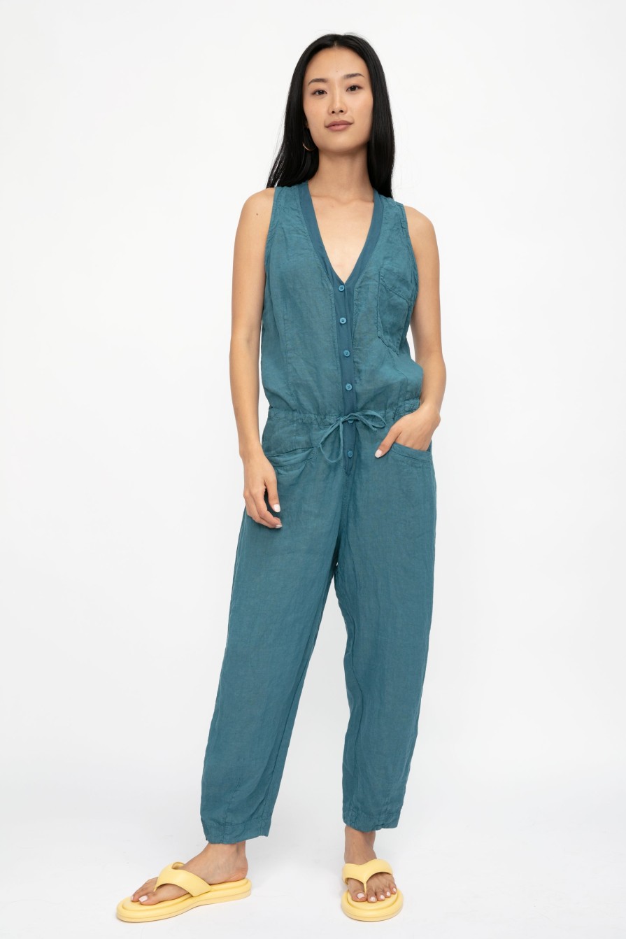 TRANSIT Linen Button Down Jumpsuit In Octanium | Bottoms