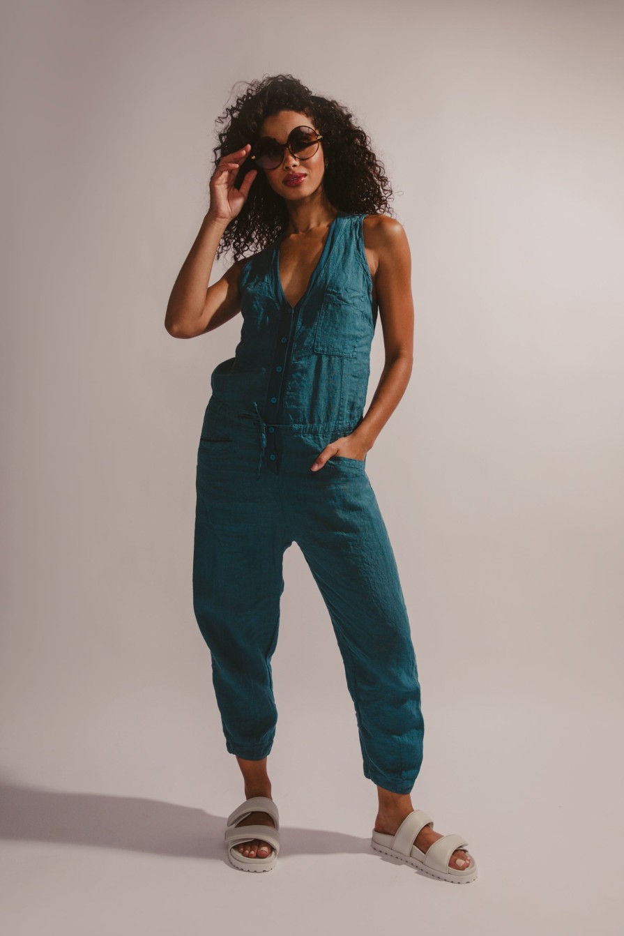 TRANSIT Linen Button Down Jumpsuit In Octanium | Bottoms