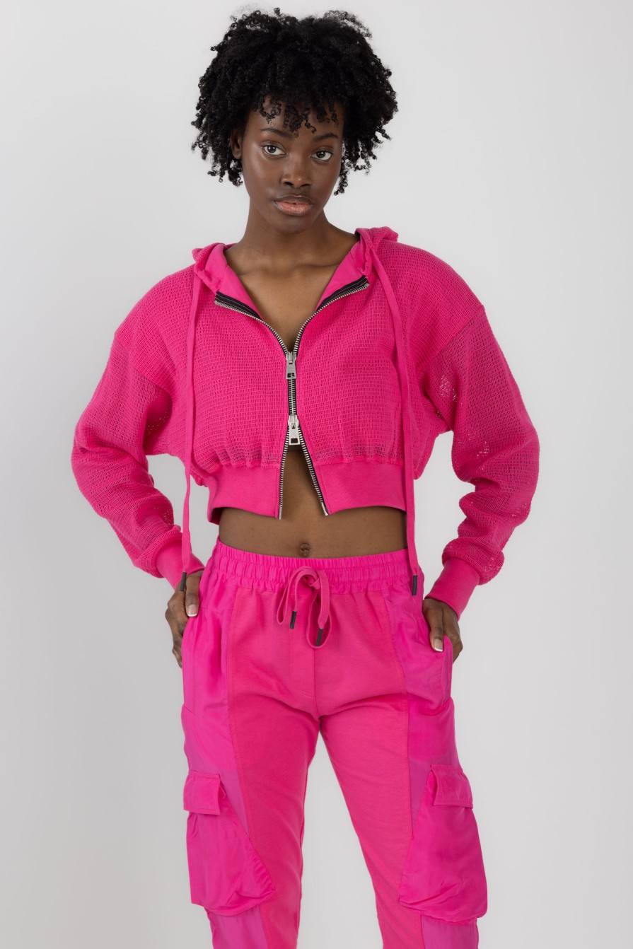 ANDREA YA'AQOV Mesh Zip Hoodie In Fucsia | Loungewear