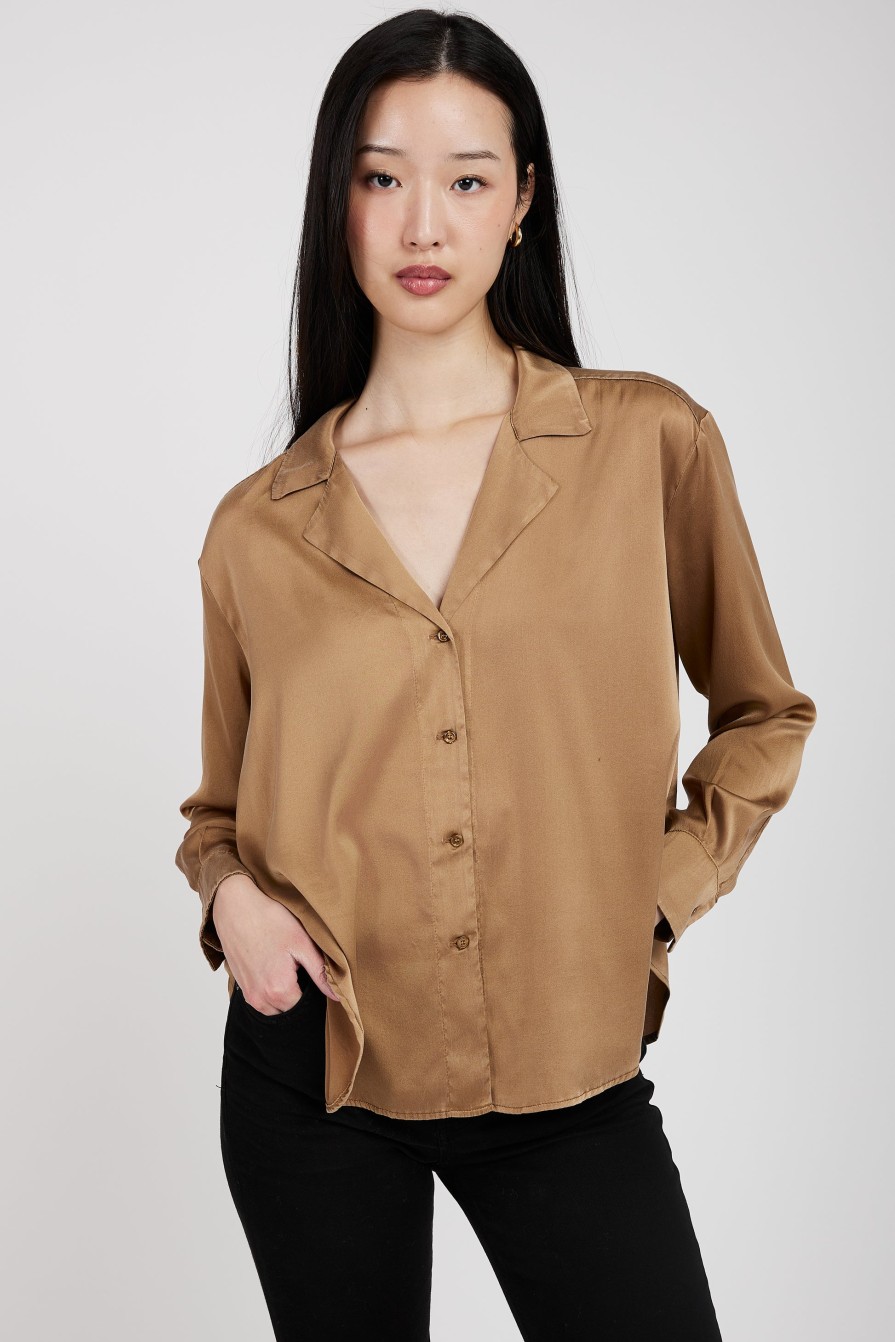 TANDEM Shop Silk V-Neck Shirt In Camel | Tandem - T. Boutique | Tops