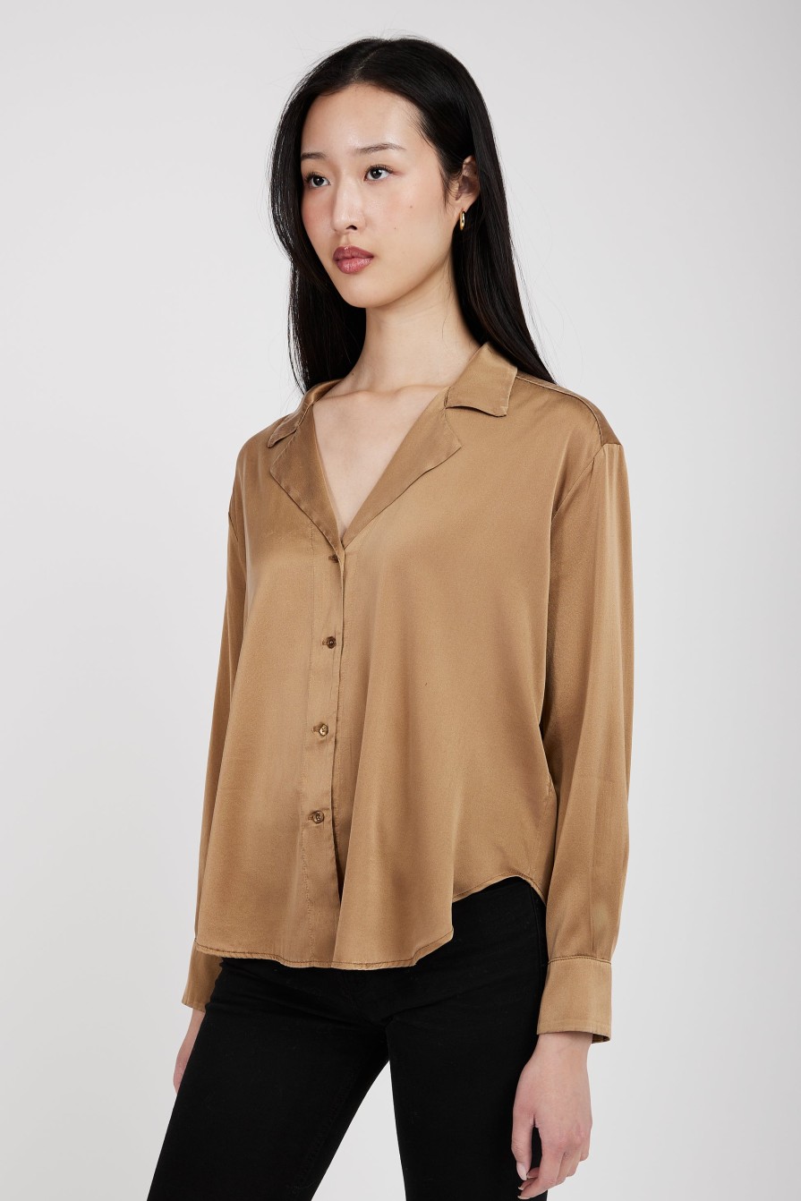 TANDEM Shop Silk V-Neck Shirt In Camel | Tandem - T. Boutique | Tops