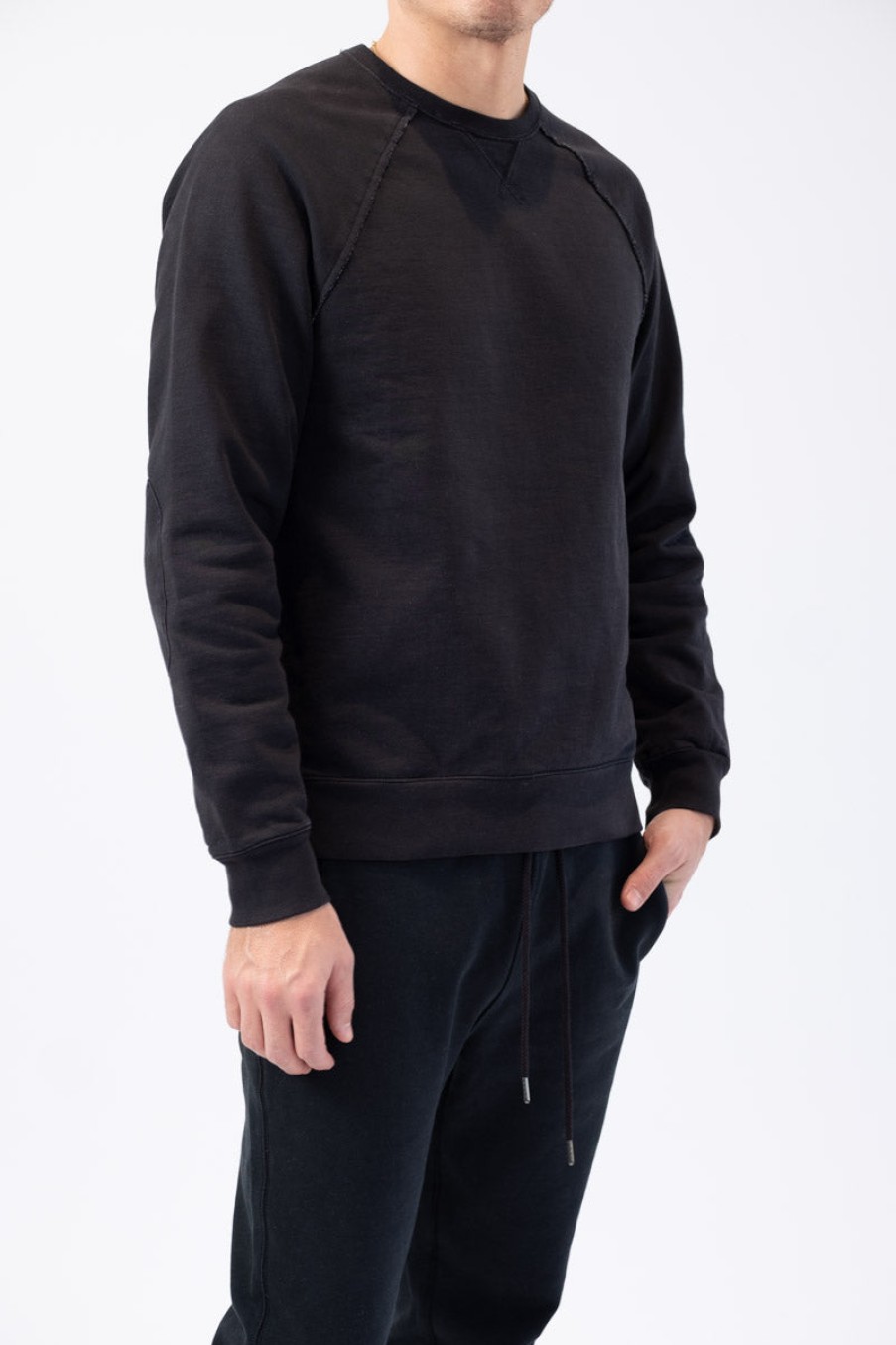 FRAME Long Sleeve Raw Edge Service Crew In Faded Noir | Frame- T. Boutique | Tops