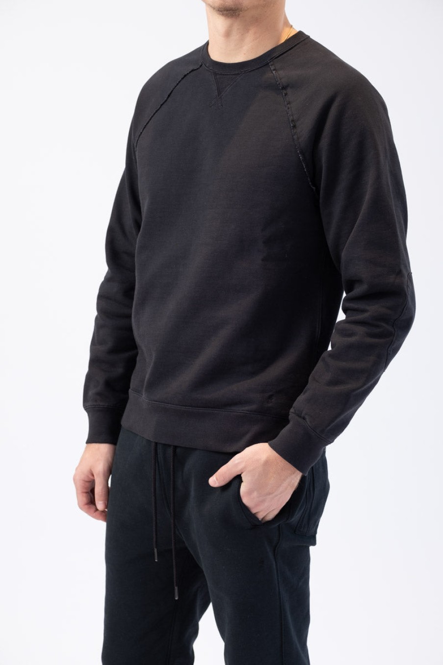 FRAME Long Sleeve Raw Edge Service Crew In Faded Noir | Frame- T. Boutique | Tops