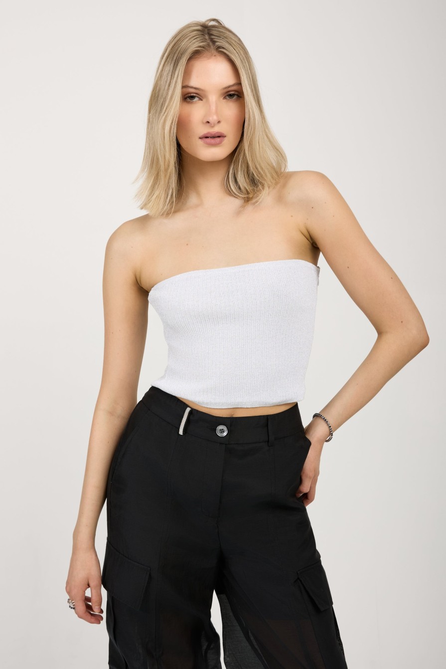 PESERICO Cotton Knit Bustier Top In White With Silver Lurex | Tops