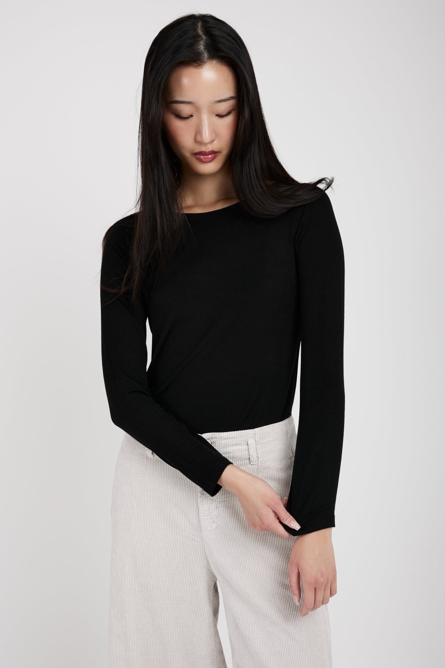 TRANSIT Long Sleeve Modal T-Shirt Top In Black | Tops