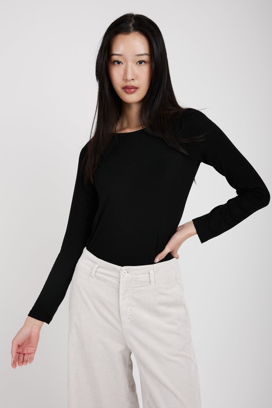 TRANSIT Long Sleeve Modal T-Shirt Top In Black | Tops