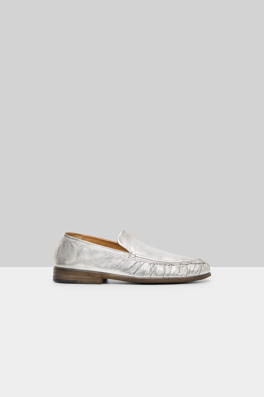 MARSÈLL Laminated Leather Loafer Shoe In Silver Foil | Flats