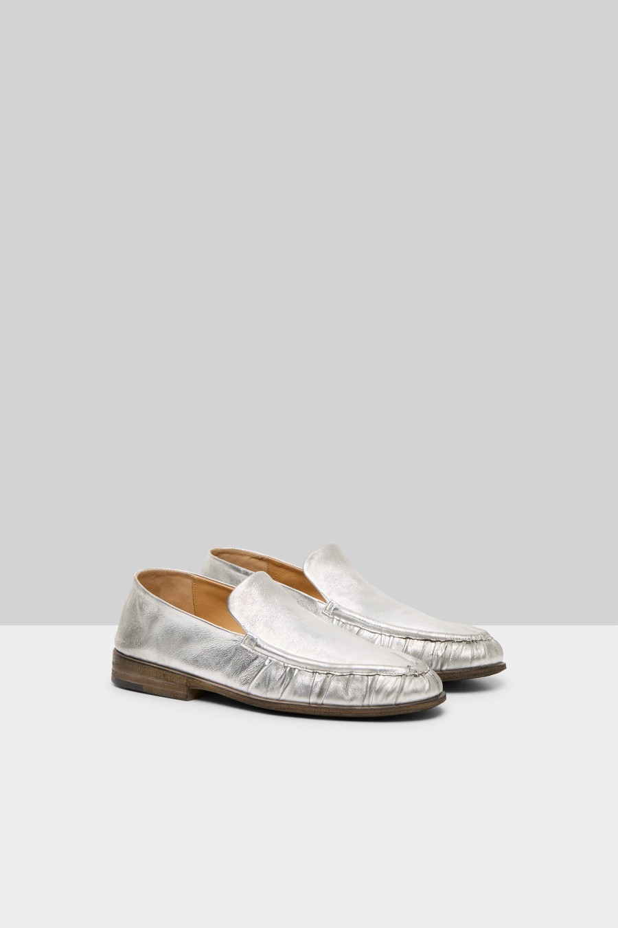 MARSÈLL Laminated Leather Loafer Shoe In Silver Foil | Flats