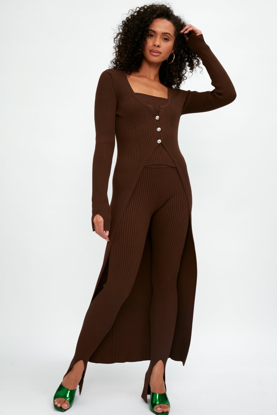 ELEONORA GOTTARDI Ribbed Front Slit Pant In Chocolate | Bottoms