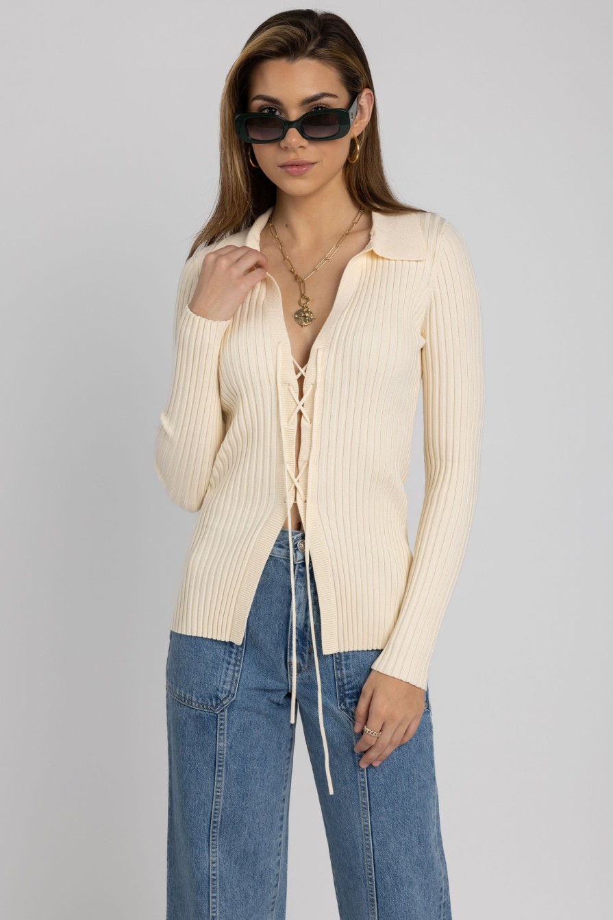 THE RANGE Viscose Knit Laced Cardigan In Light Shell | Knitwear