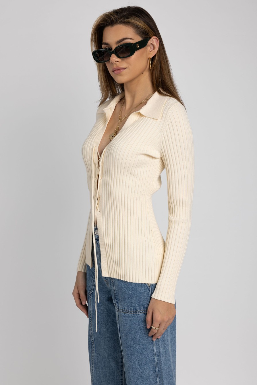 THE RANGE Viscose Knit Laced Cardigan In Light Shell | Knitwear