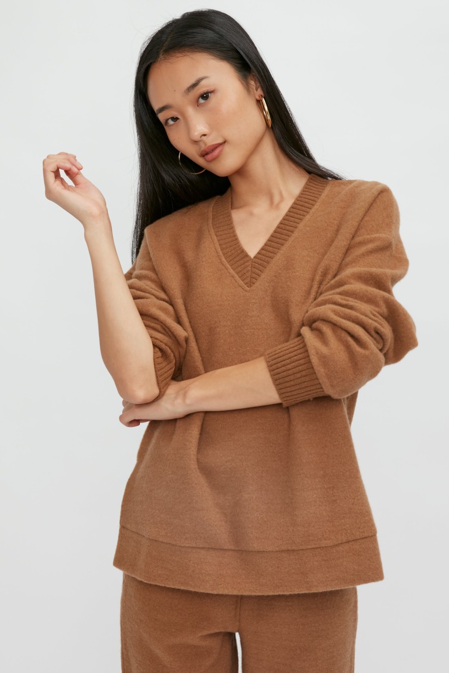 MAX MARA LEISURE Mammola V-Neck Sweatshirt In Camel | Loungewear