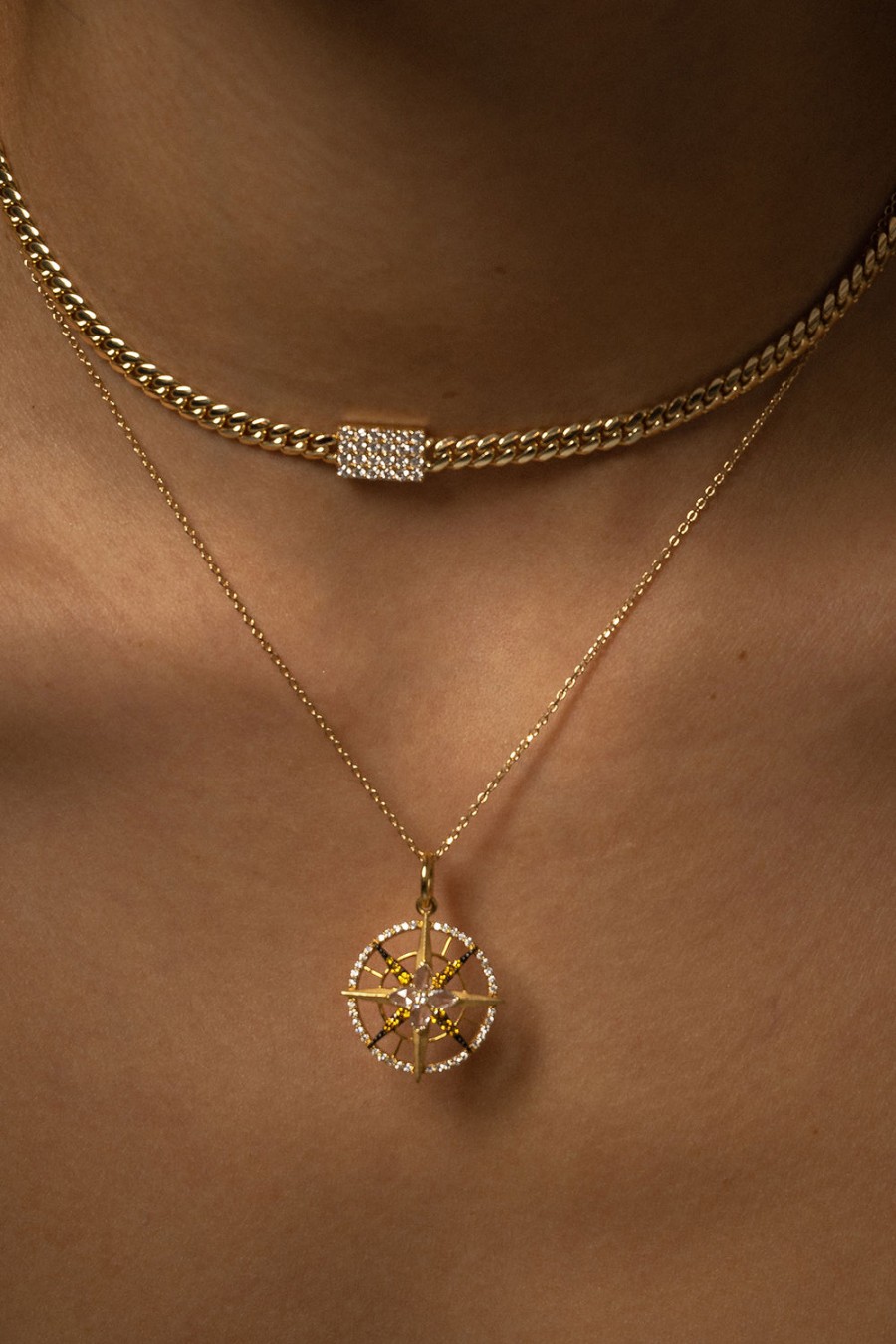 L.A. STEIN Rose Cut Brown Diamond Compass Necklace In 18K Yellow Gold | Jewelry