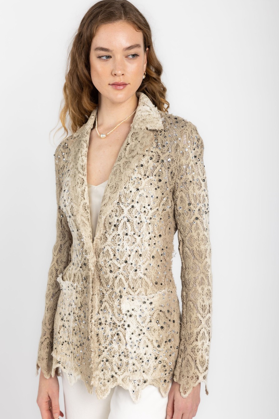 AVANT TOI Macrame Lace Blazer Jacket With Strass In Zenzero | Jackets & Coats