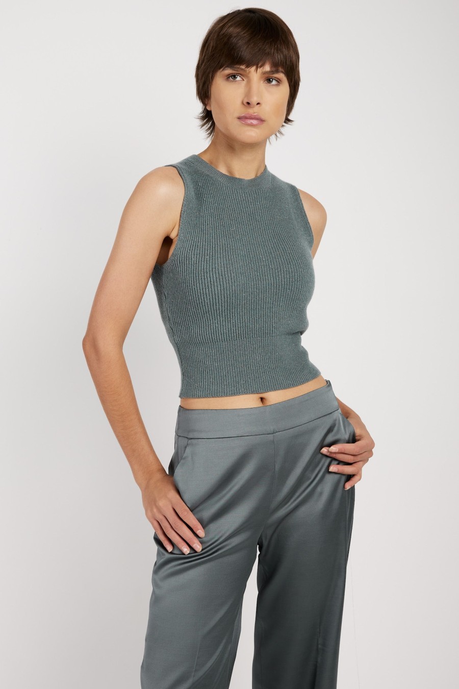 PESERICO Tricot Wool Top In Green Zinc | Knitwear