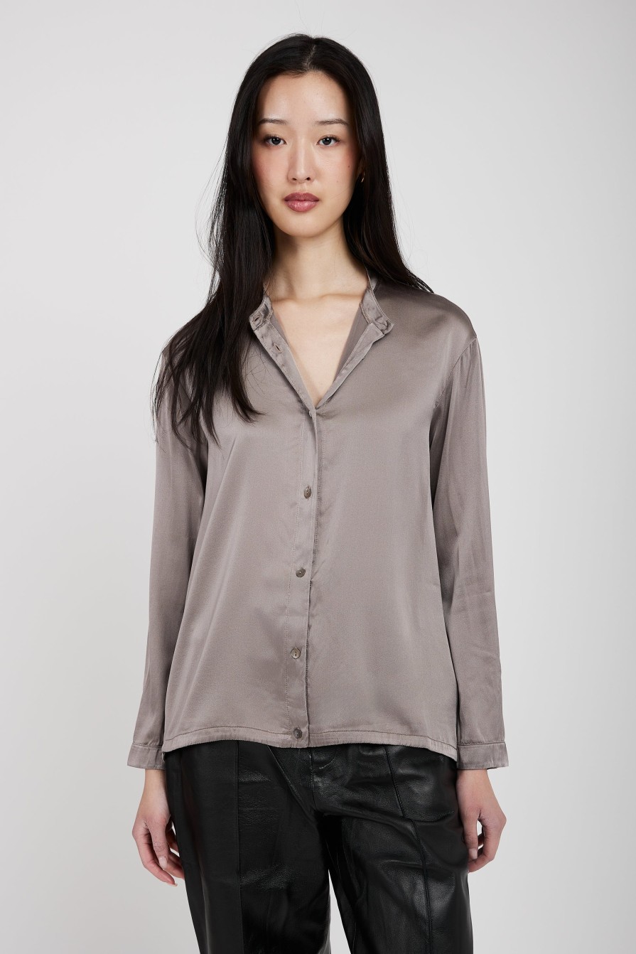 TRANSIT Stretch Silk Shirt In Taupe | Tops