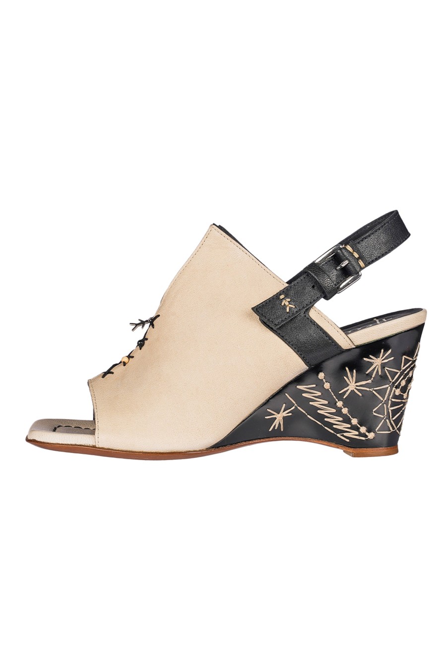 HENRY BEGUELIN Leather Wedge Sandal In Old Iron Cream And Black | Heels