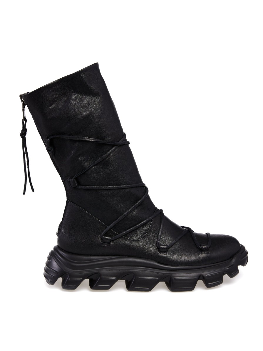 HENRY BEGUELIN Old Iron Tall Leather Boot With Laces In Nero | Boots