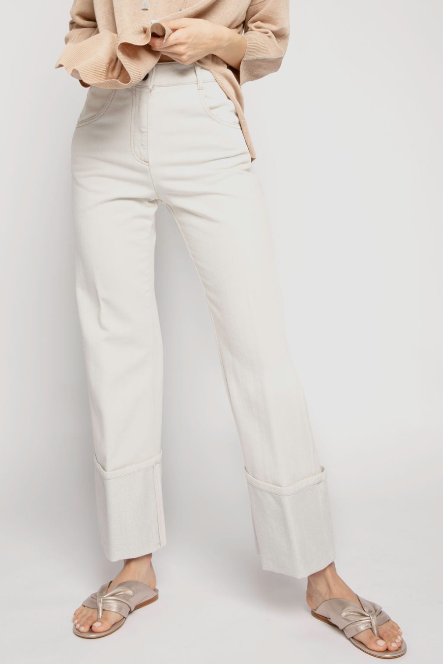 PESERICO Cotton Pant With Lurex Cuffs In Parchment | Bottoms