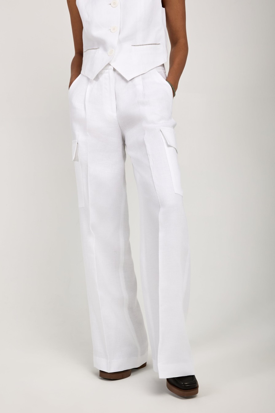 PESERICO Linen Gabardine Cargo Pant In Pure White | Bottoms