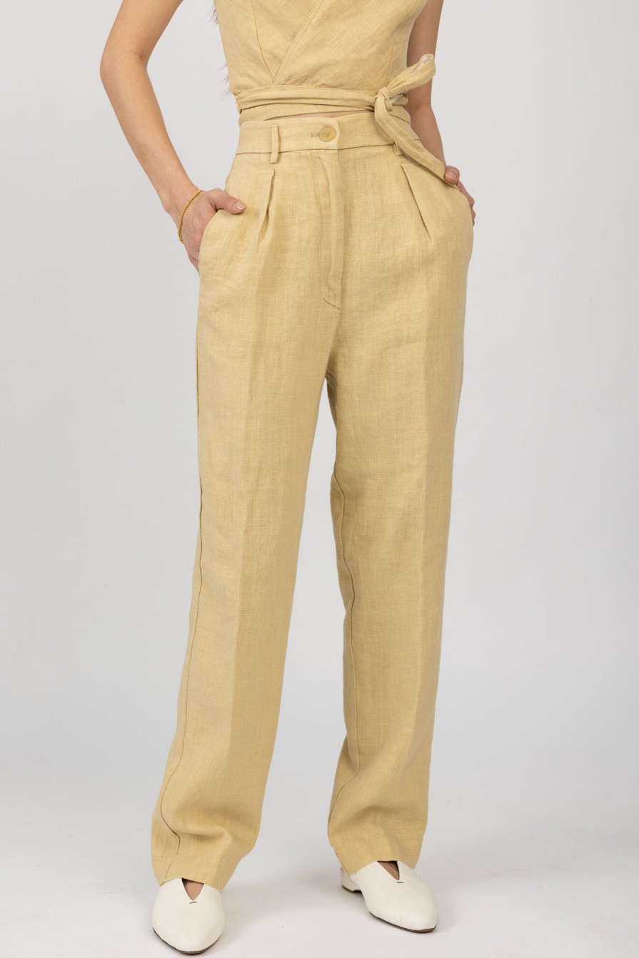 FORTE FORTE Linen Canvas High Waist Pant In Gold | Bottoms