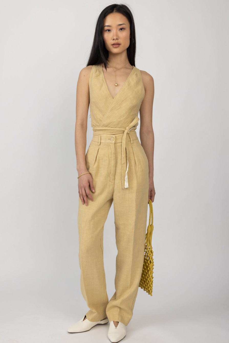 FORTE FORTE Linen Canvas High Waist Pant In Gold | Bottoms