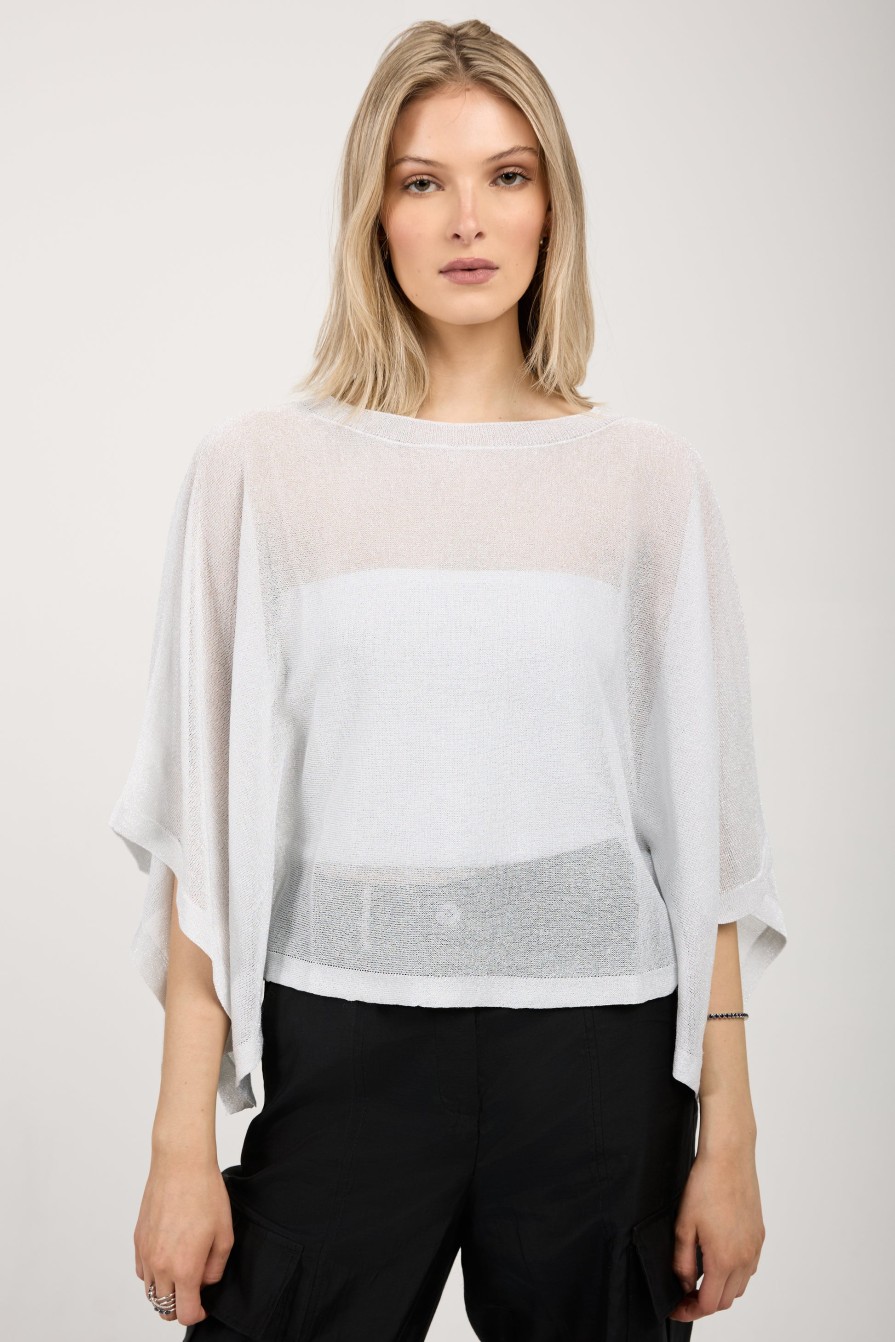 PESERICO Cotton Knit Kimono Top In White With Silver Lurex | Knitwear