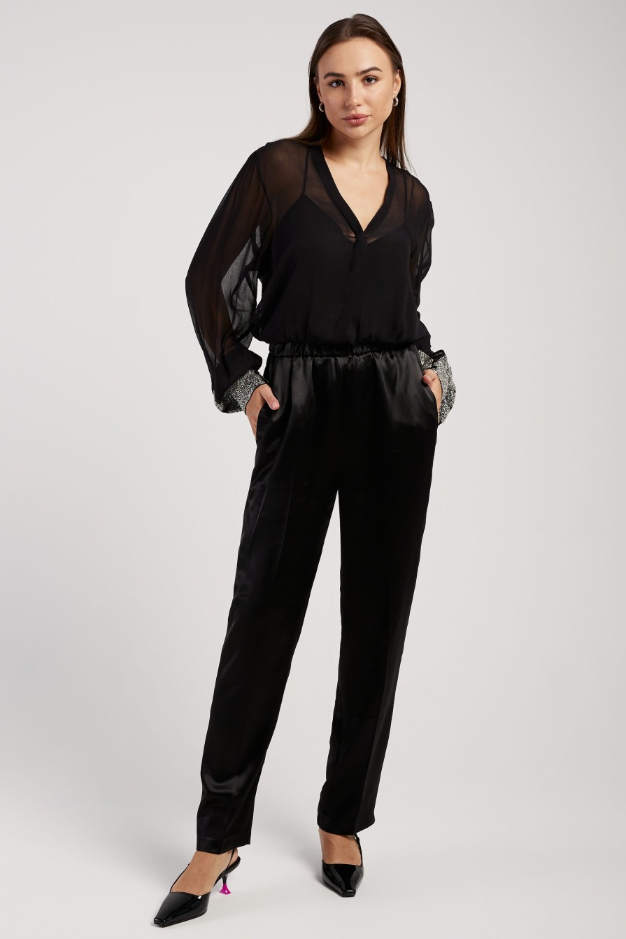 FORTE FORTE Viscose Satin Chic Elasticated Pants In Noir | Bottoms