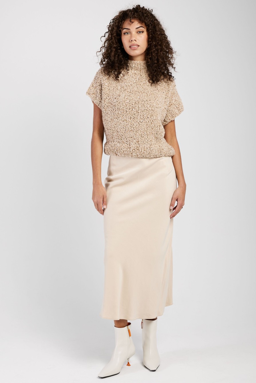 GENTRYPORTOFINO Woven Midi Skirt In Champagne | Bottoms