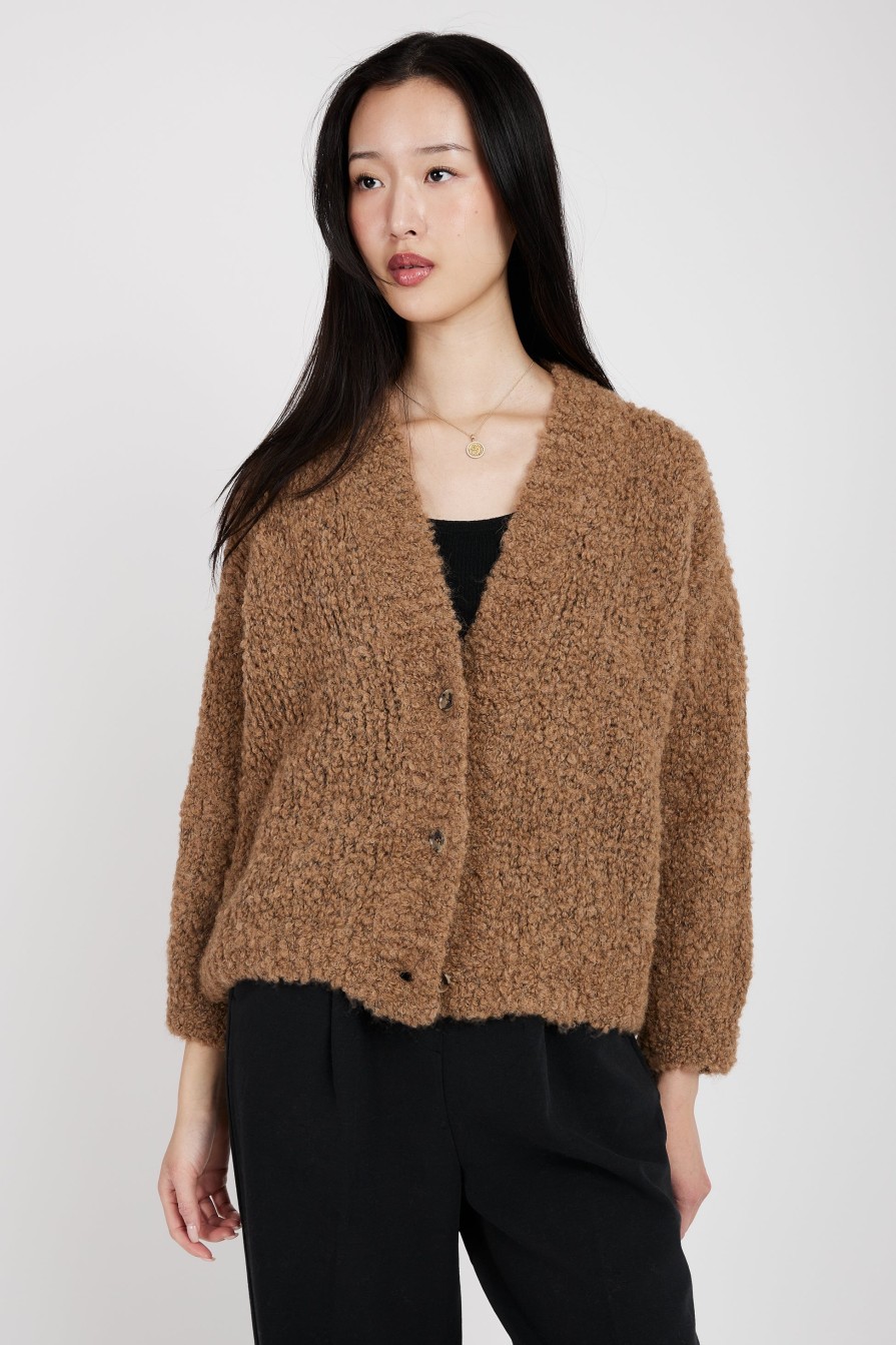 TANDEM Oversized Cropped Cardigan In Camel | Knitwear