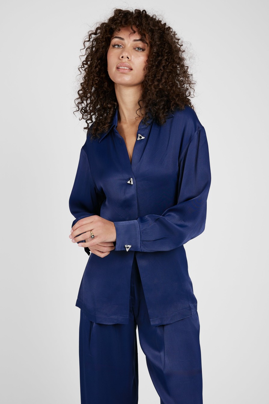 AERON Chase Satin Blouse In Midnight Blue | The Gift Shop