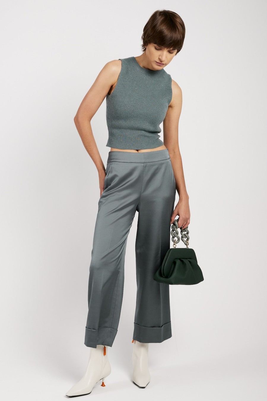 PESERICO Stretch Satin Palazzo Pant In Green Zinc | Bottoms