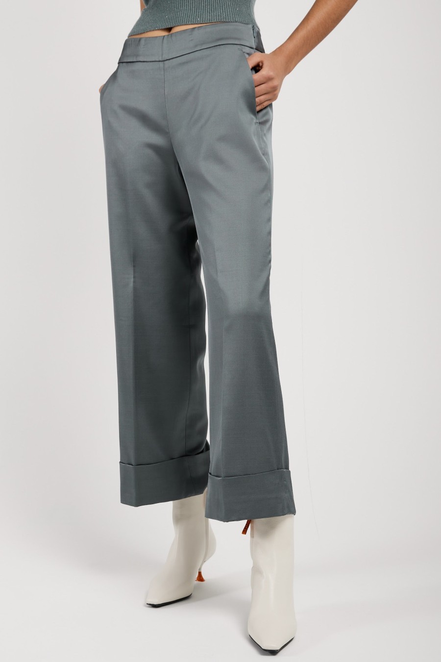 PESERICO Stretch Satin Palazzo Pant In Green Zinc | Bottoms